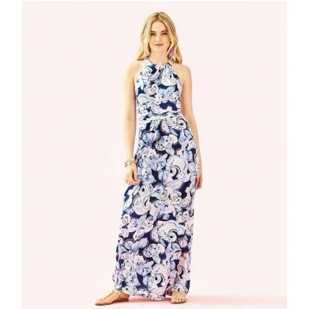 NEW Lilly Pulitzer MARTINA MAXI DRESS High Tide Navy Holy Flockamolie Pink Bow L